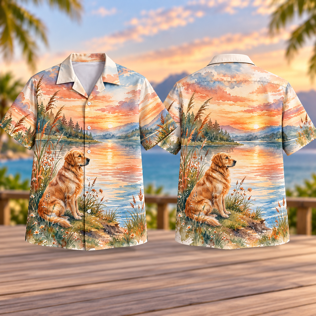 Golden Retriever Sunset Lake Hawaiian Shirt for Men and Women