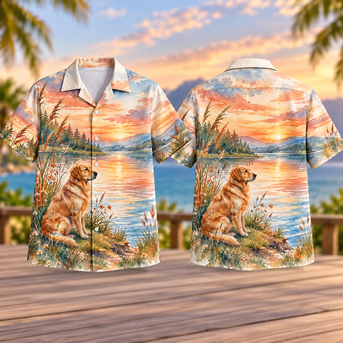 Golden Retriever Sunset Lake Hawaiian Shirt for Men and Women