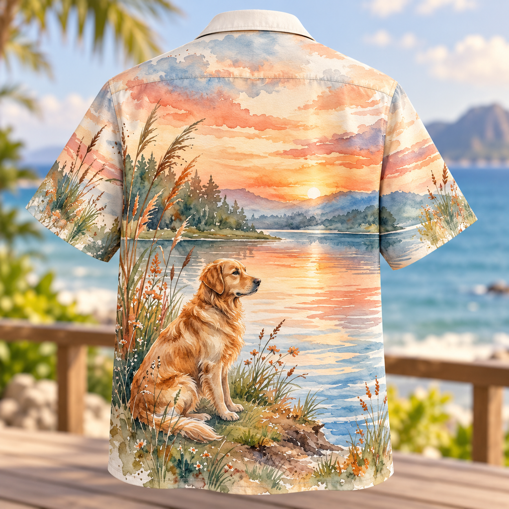Golden Retriever Sunset Lake Hawaiian Shirt for Men and Women