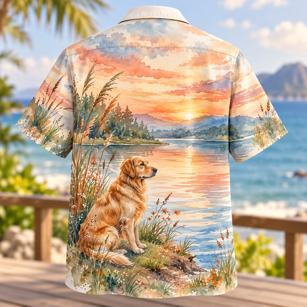 Golden Retriever Sunset Lake Hawaiian Shirt for Men and Women