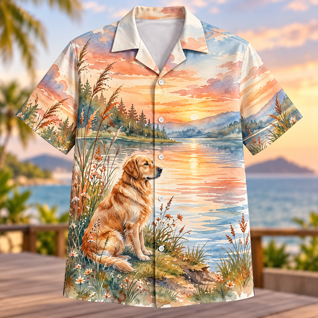 Golden Retriever Sunset Lake Hawaiian Shirt for Men and Women