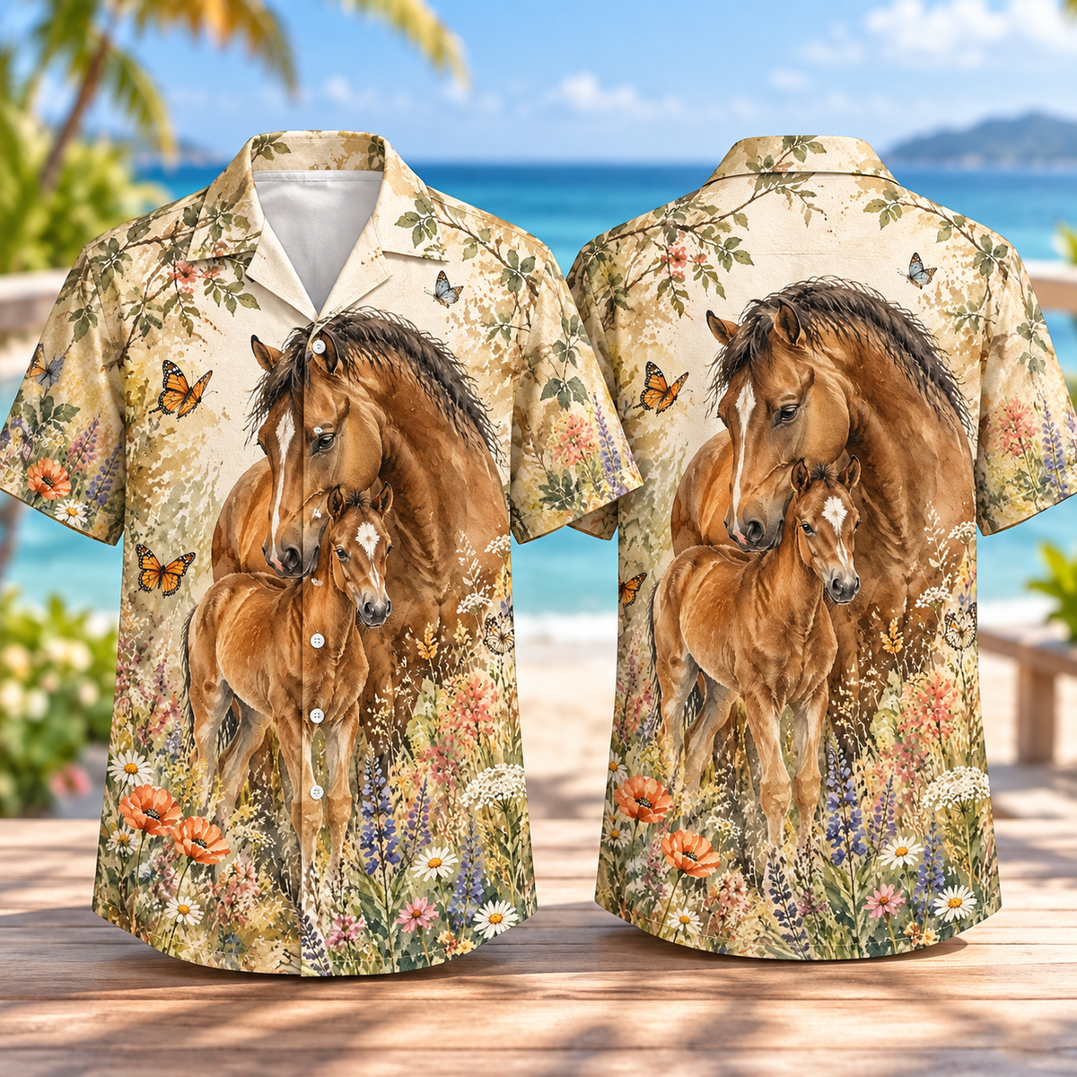Mare and Foal Wildflower Hawaiian Shirt