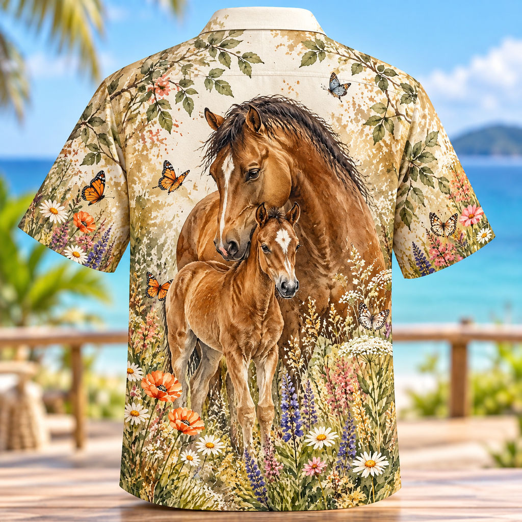 Mare and Foal Wildflower Hawaiian Shirt