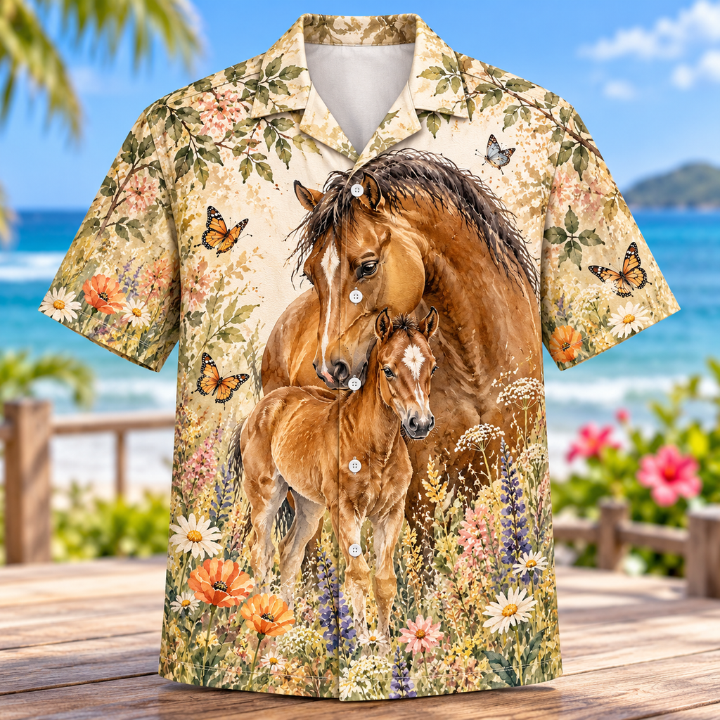 Mare and Foal Wildflower Hawaiian Shirt
