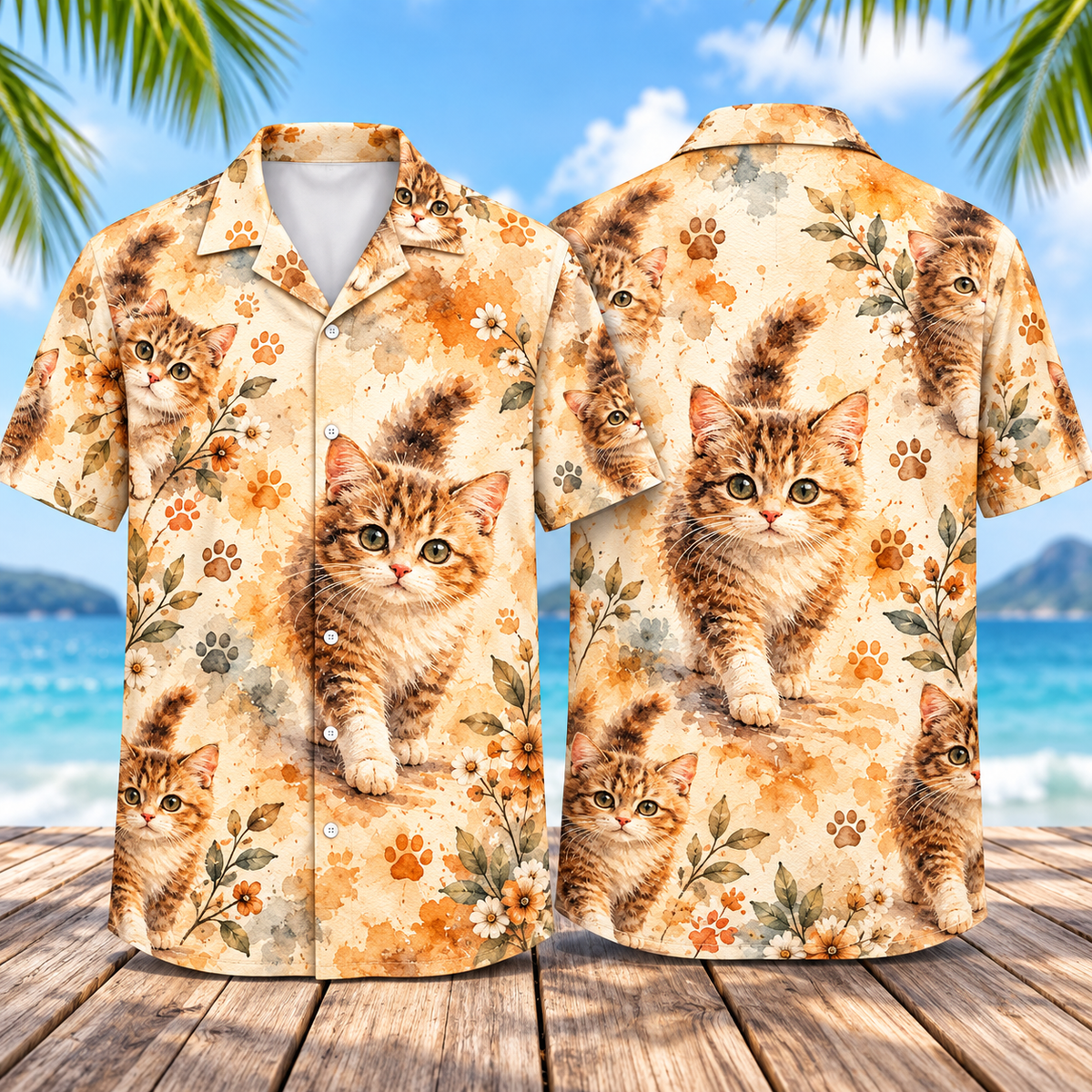 Watercolor Kitten Floral Hawaiian Shirt