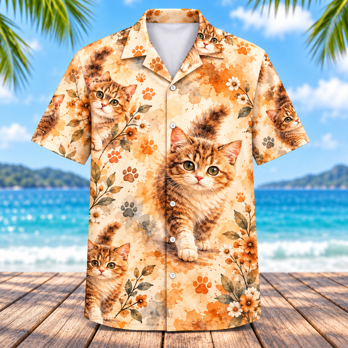 Watercolor Kitten Floral Hawaiian Shirt